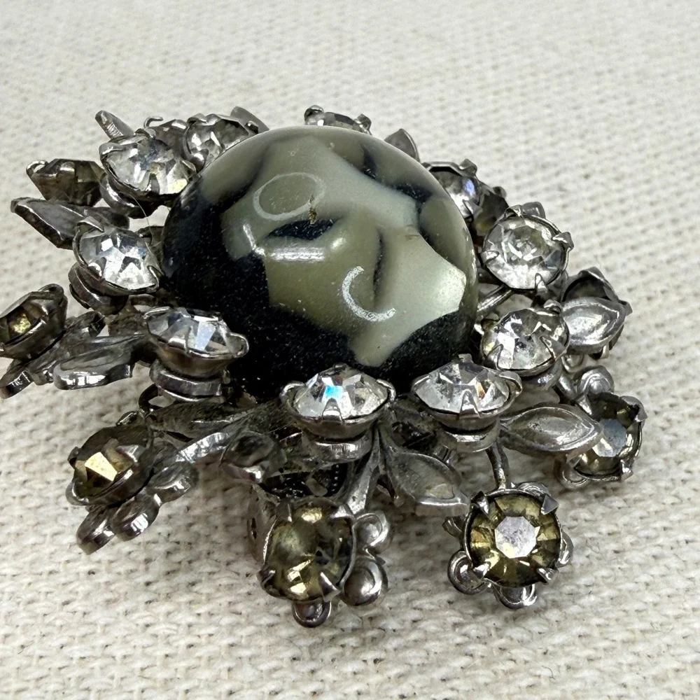Vintage‎ Floral Brooch Marbled Cabochon Smoky Rhinestone Statement Silver Tone